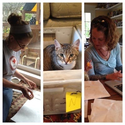 (L) Lisa the Label Lady, marking all the packages with names and sizes ordered. (C) Miller loved all the action, and hopped right in. (R) Cyndie (and the hand of her kindergartner) offered help in myriad ways, including talking me off the proverbial ledge a few times.