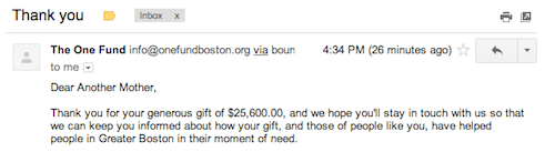 The moneyshot: Thanks to you all, we donated $25,600 (!!!) to One Fund Boston.