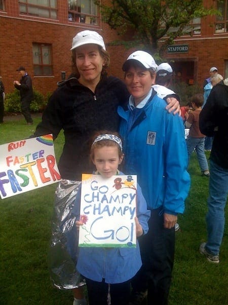Lynn (right), me, and my then-7-year-old daughter, Phoebe after my marathon PR. 