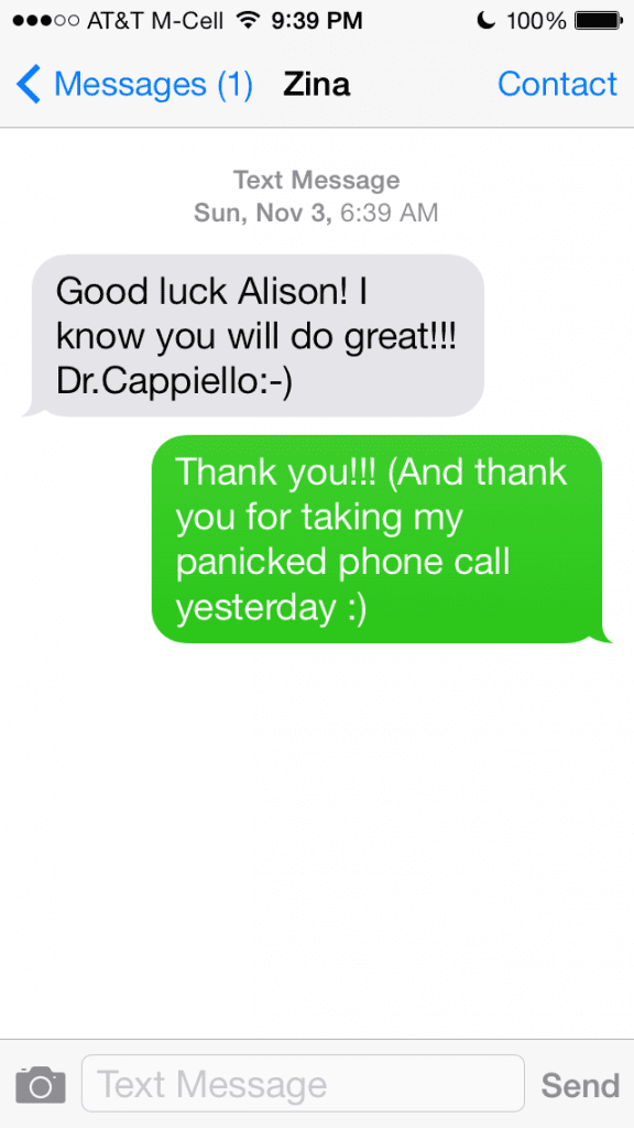 Well-wishes from her awesome doctor on race morning.