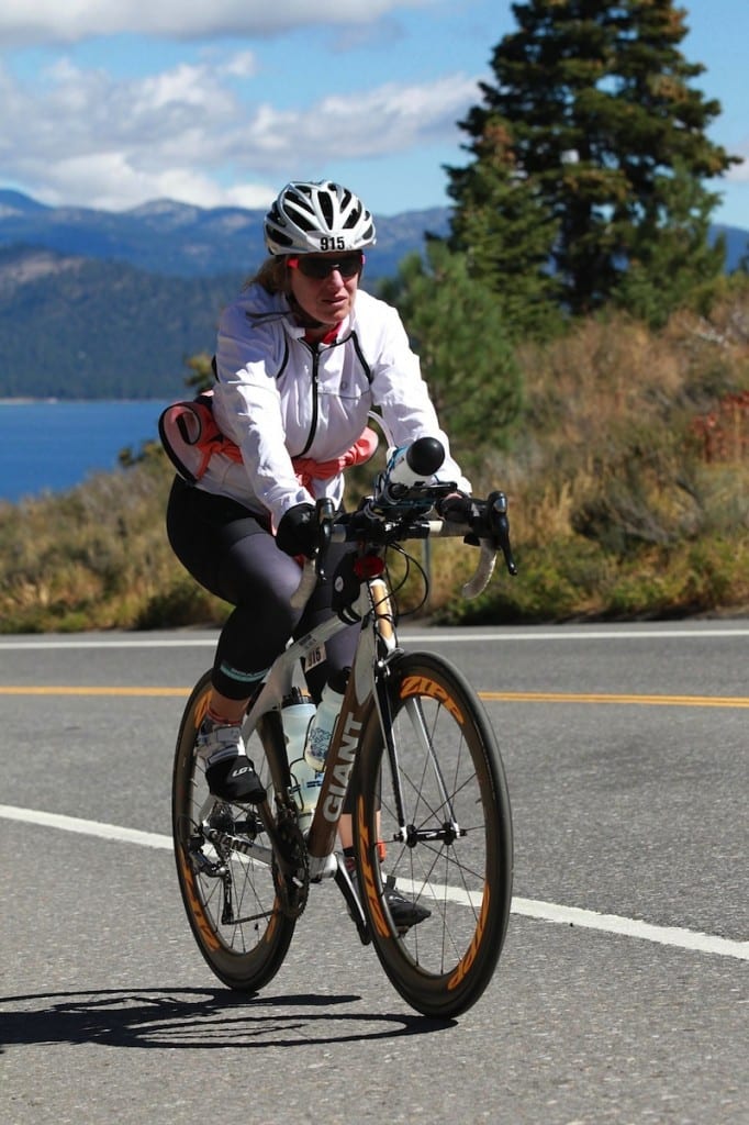 Pam slaying yet another hill in Tahoe. (Note the layer tied around her waist: she was layered up for the cold race.)
