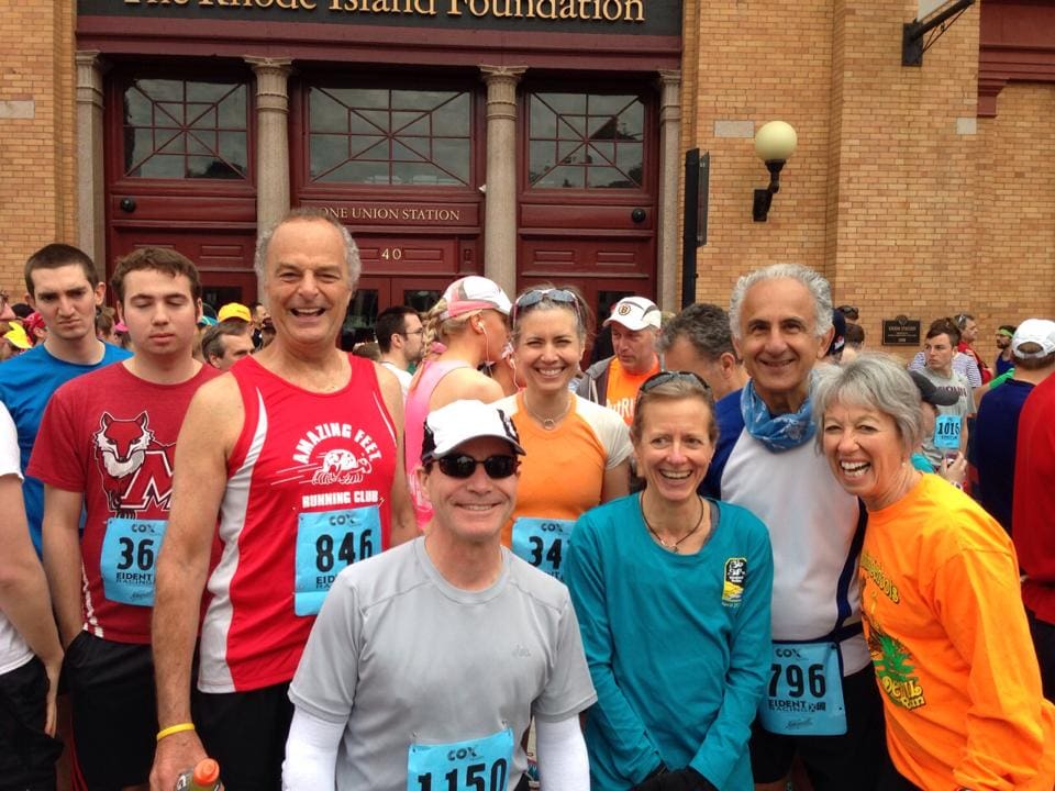 Tish (in the long sleeved teal shirt) and her "fast teacher friend" (in orange/white tee over her right shoulder) at a race start.