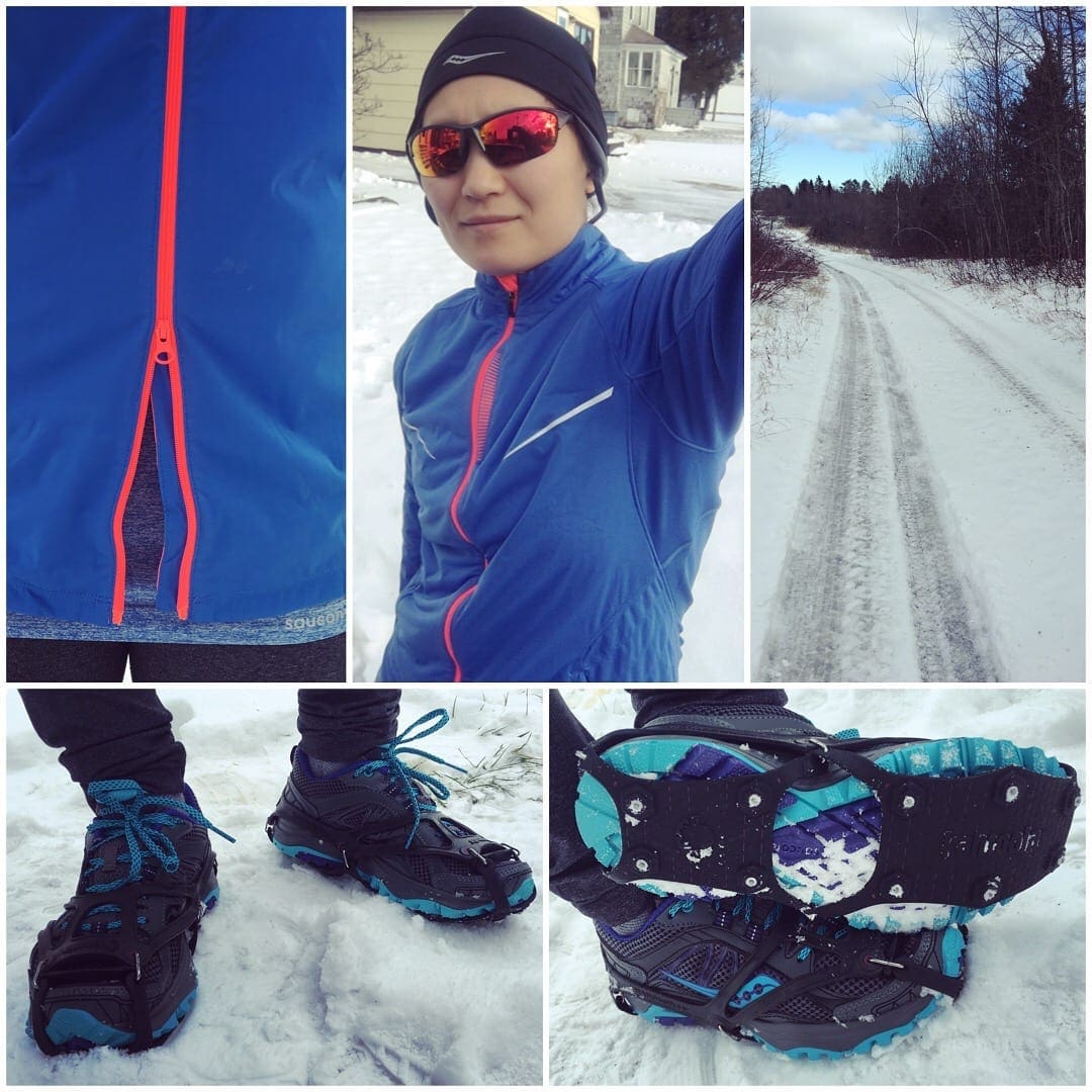 Did you think I could get through a post without telling you about my new favorite Saucony gear? The Vapor Jacket. Warm enough for winter, roomy enough for layering, and a double zipper! I want one on all my clothes. Also: Kahtoola NanoSpikes have kept me from falling on my you know what on icy roads. 