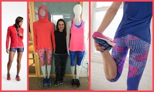 Leigh-Anne Zavalick of Saucony sandwiched between two brightly clad mannequins. If she had turned sideways like we asked for photo, you could see her belly-bump! 