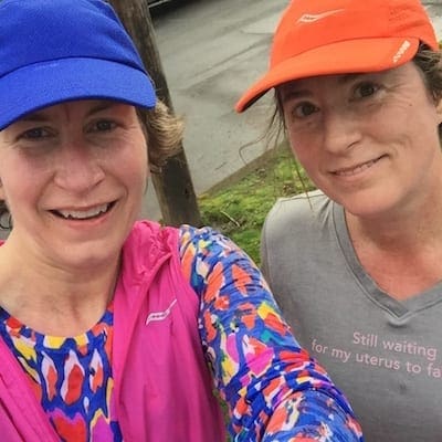 Always there to give encouragement: Molly (orange hat) and me after 16-mile run last Saturday.