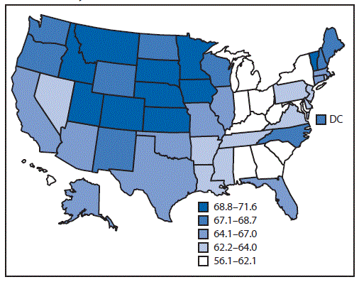 Age-adjusted percentage of adults who reported ≥7 hours of sleep per 24-hour period, by state, from a 2016 Center for Disease Control and Prevention report.
