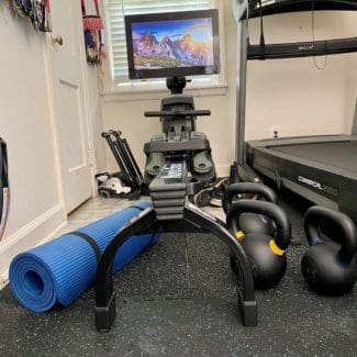 Kettlebells, rowing machine, yoga mat