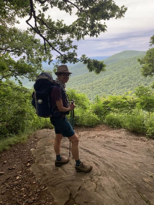backpacker on Appalachian Trail with view